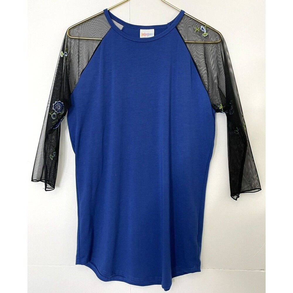 LulaRoe Randy Royal Blue sheer black sleeves floral embroidery  Medium Chest 40"